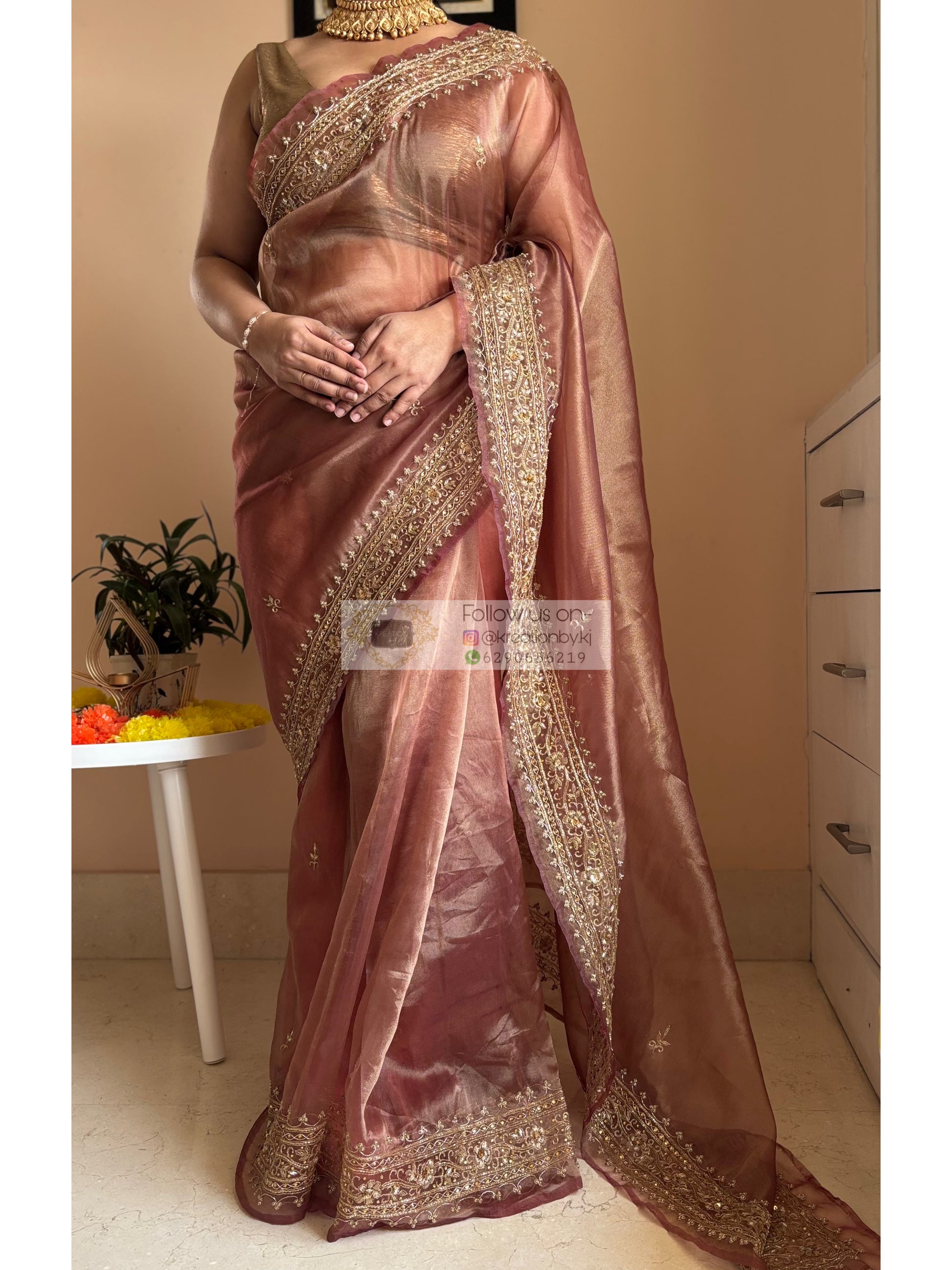 tissue saree with heavy zardosi work