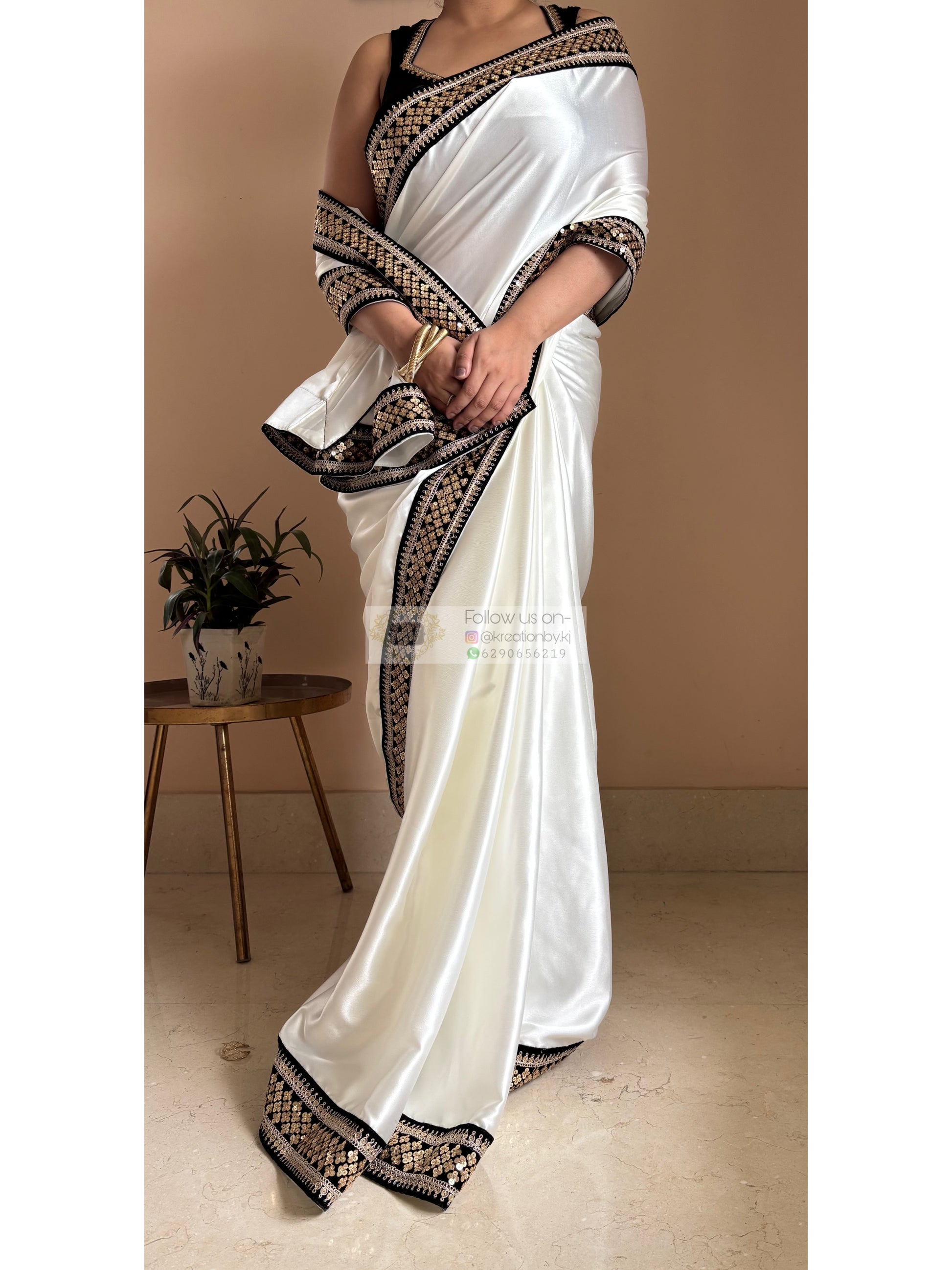 Cream Satin Silk Saree with Black Border Party Wear - kreationbykj