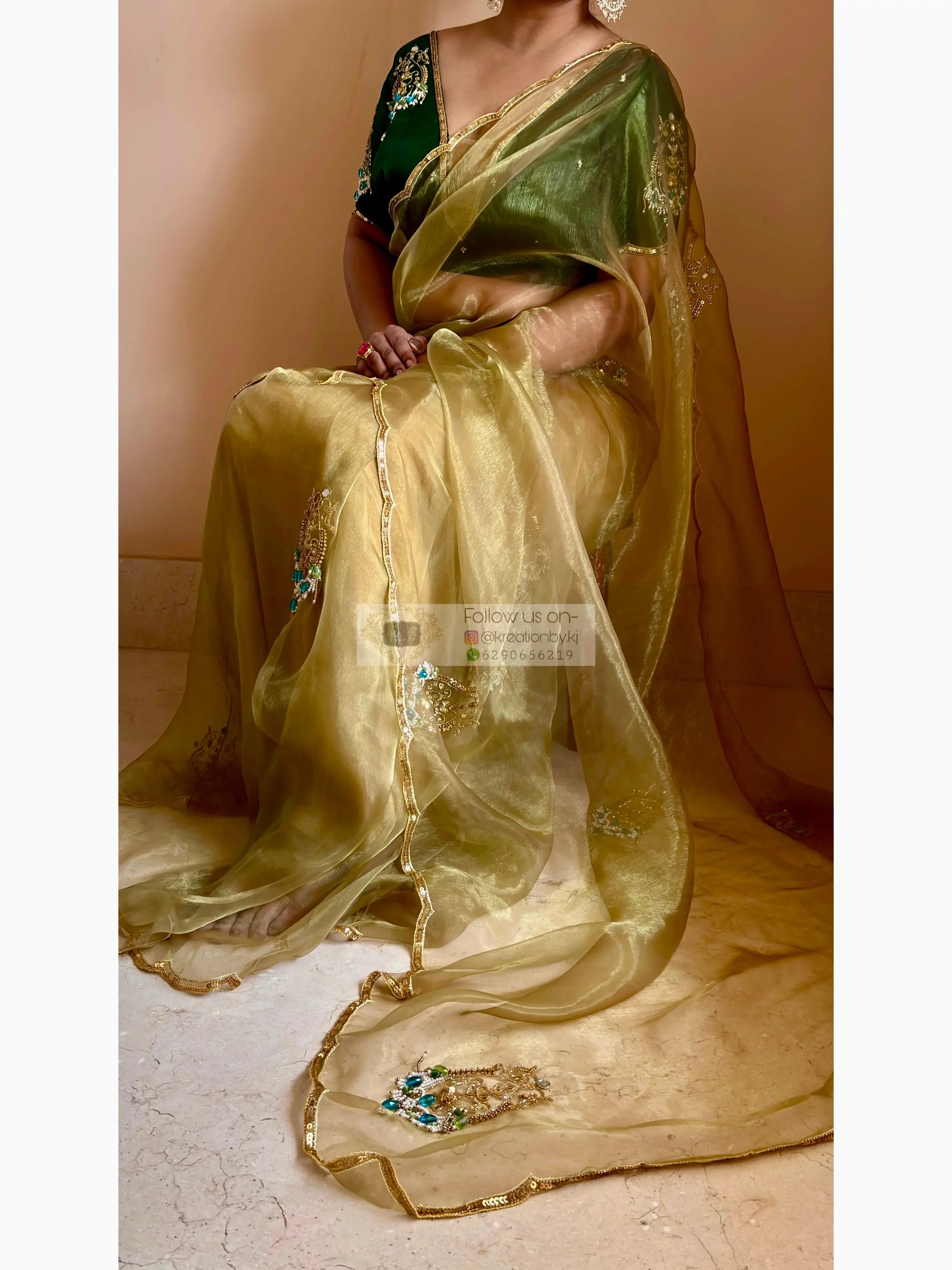 Scent of Yesterday Pista Green Glass Tissue Saree Kreation by KJ