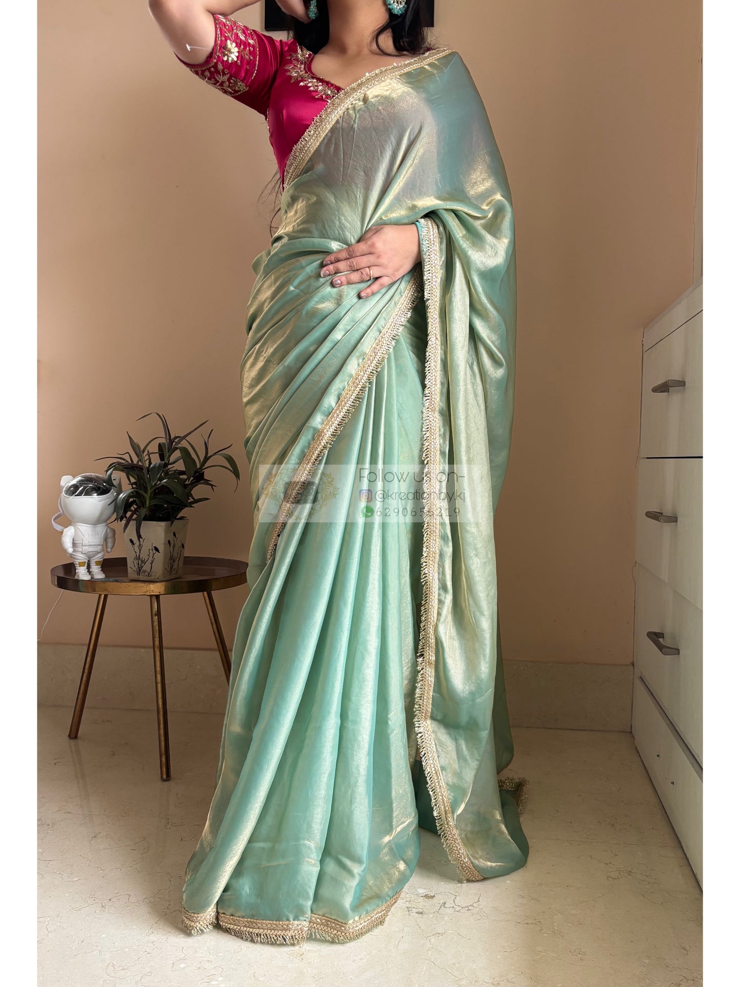 Pastel Green Metallic Shimmer Banno Saree kreationbykj