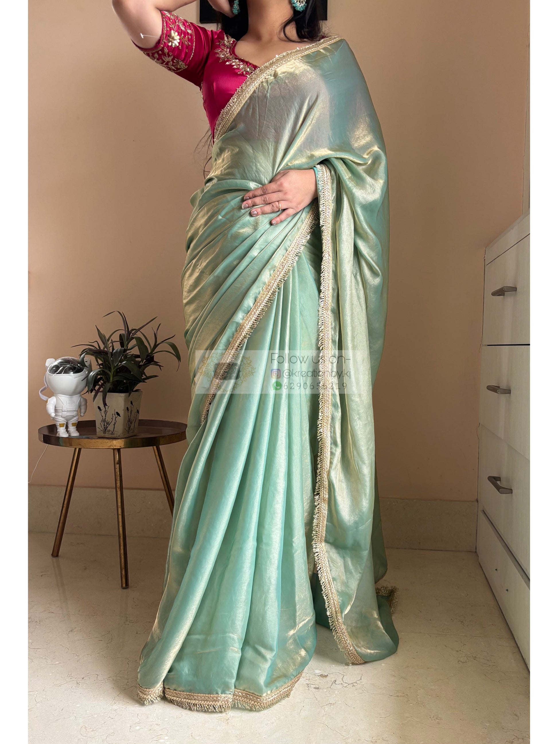 Pastel Green Metallic Shimmer Banno Saree kreationbykj