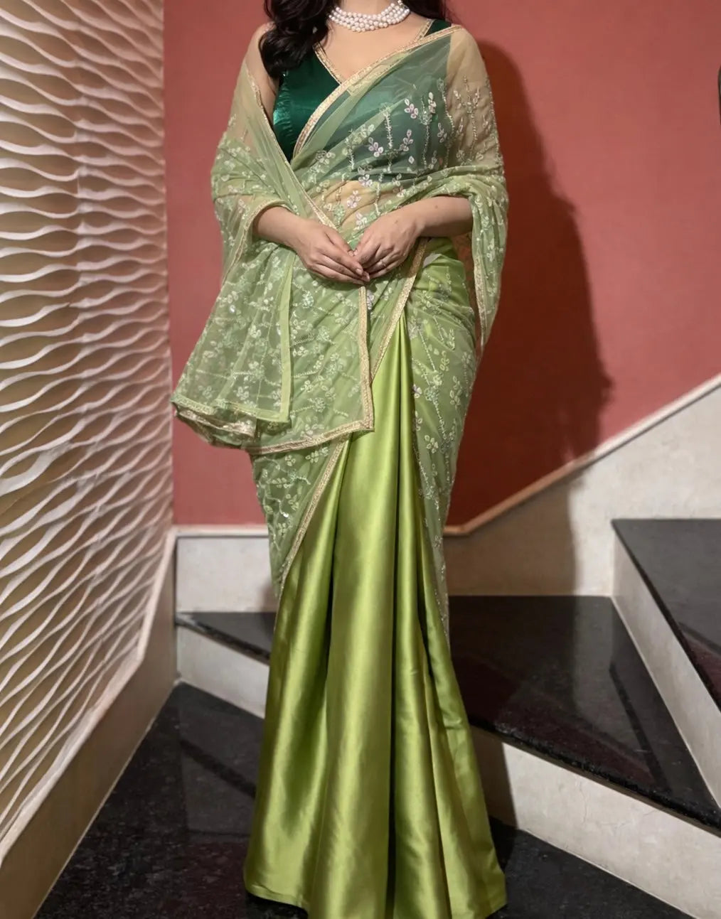 Green Spring Sequin Soirée Saree Kreation by KJ