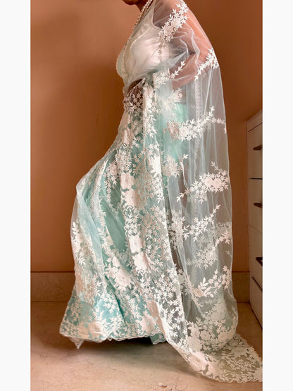 Seafoam Bloom Embellished Net Saree