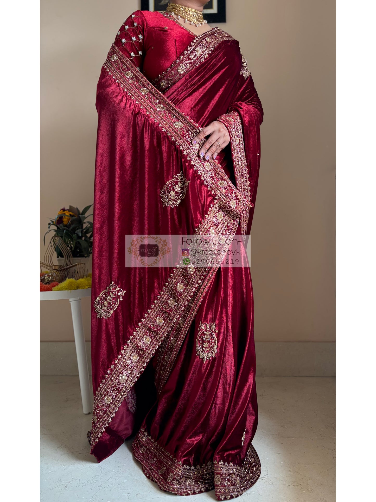Naaz Burgundy Velvet Saree