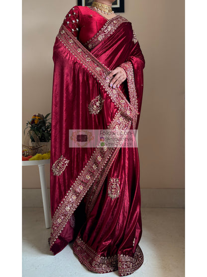Naaz Burgundy Velvet Saree