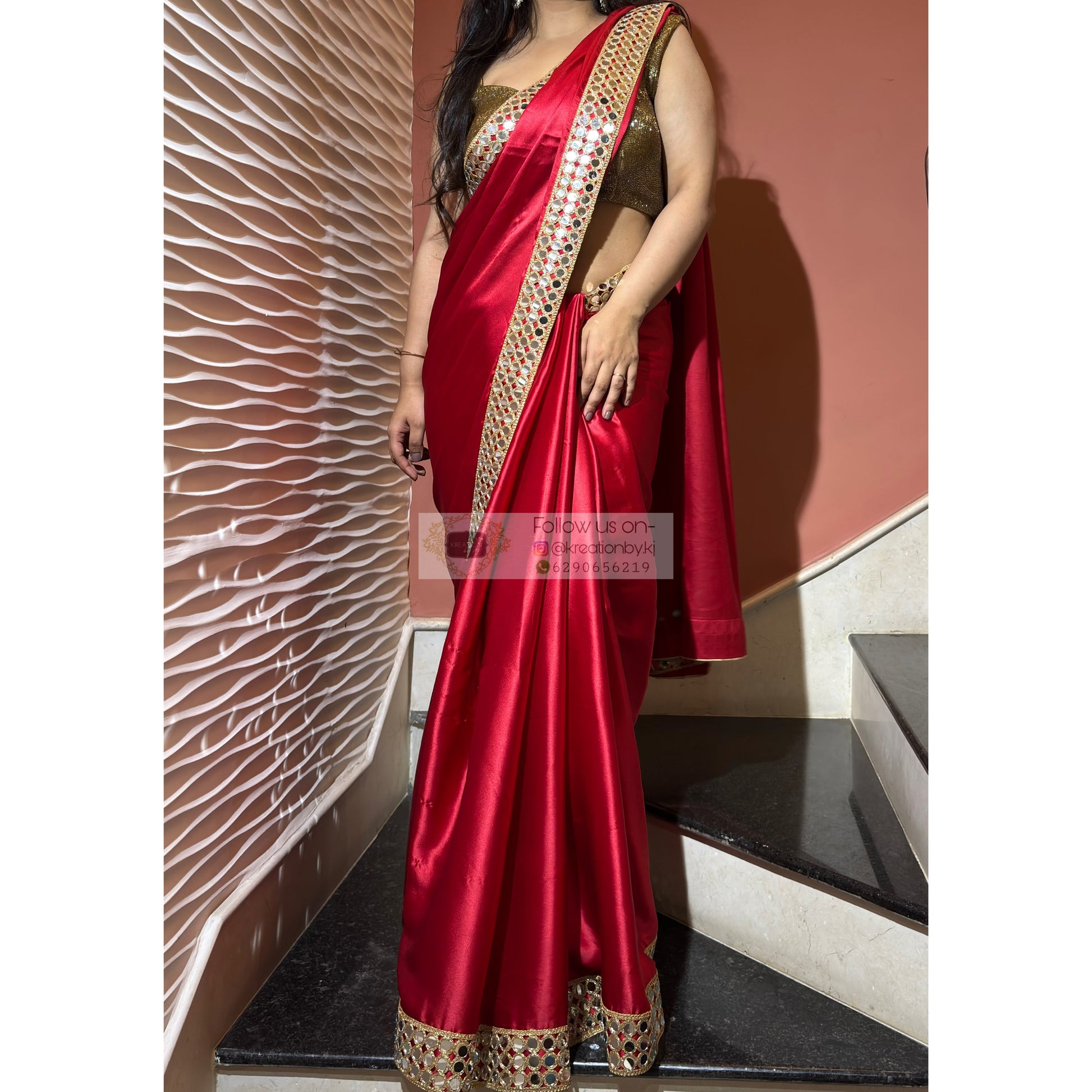 Crimson Red  Satin Silk Saree with Mirror Border kreationbykj