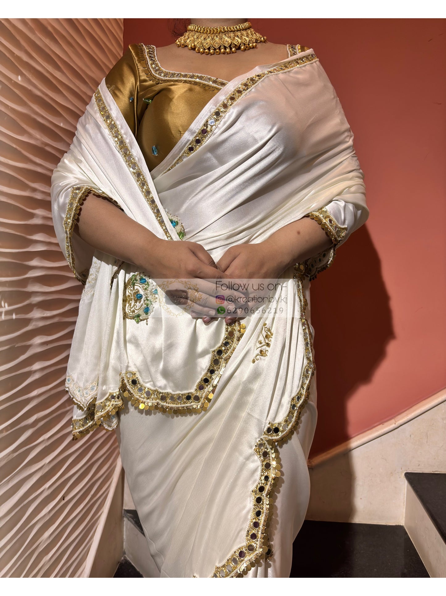 Snow Creme Satin Silk Saree With Real Mirror Work Kreation by KJ