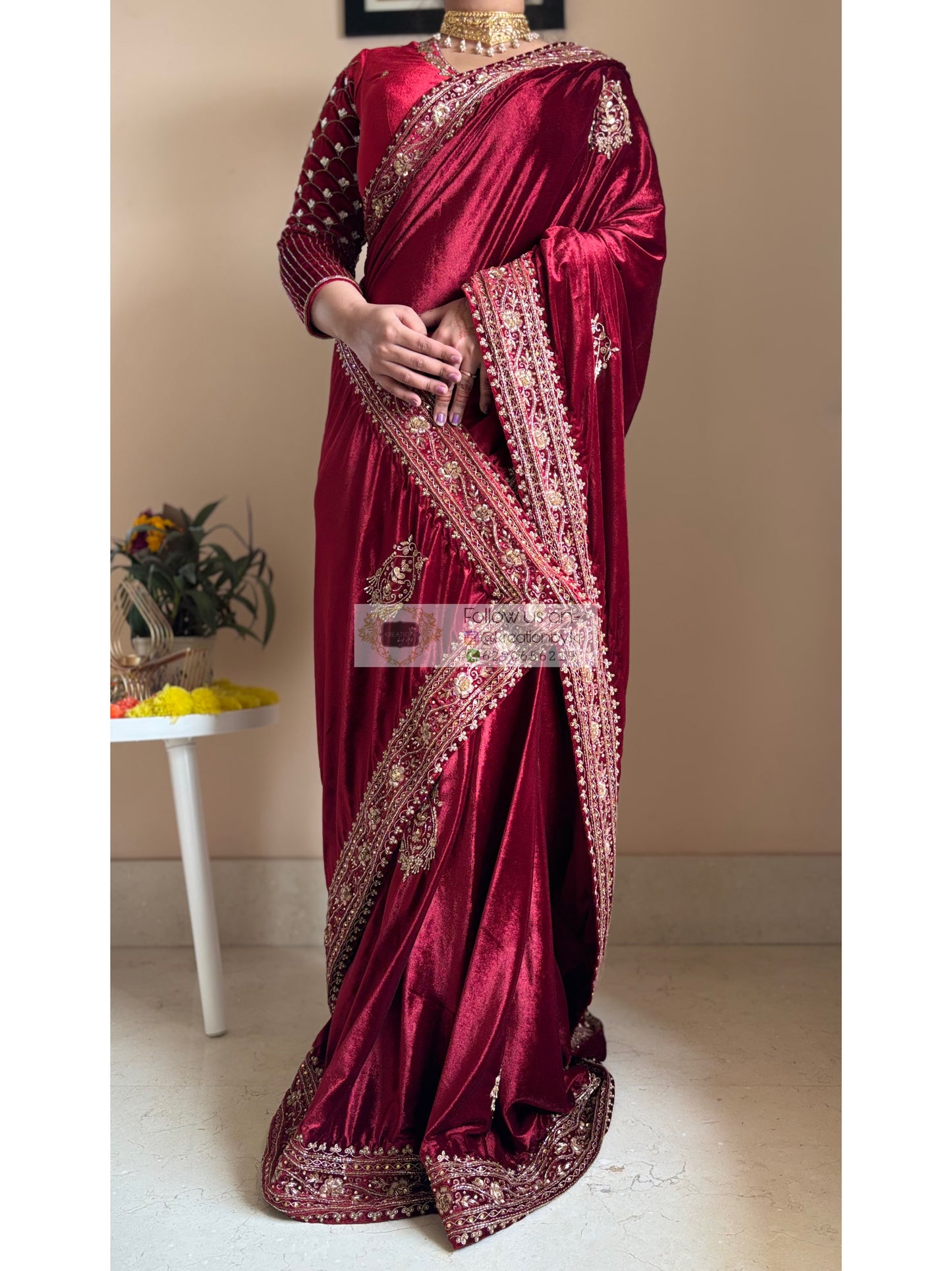 Naaz Burgundy Velvet Saree