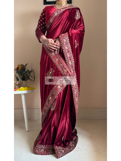 Naaz Burgundy Velvet Saree