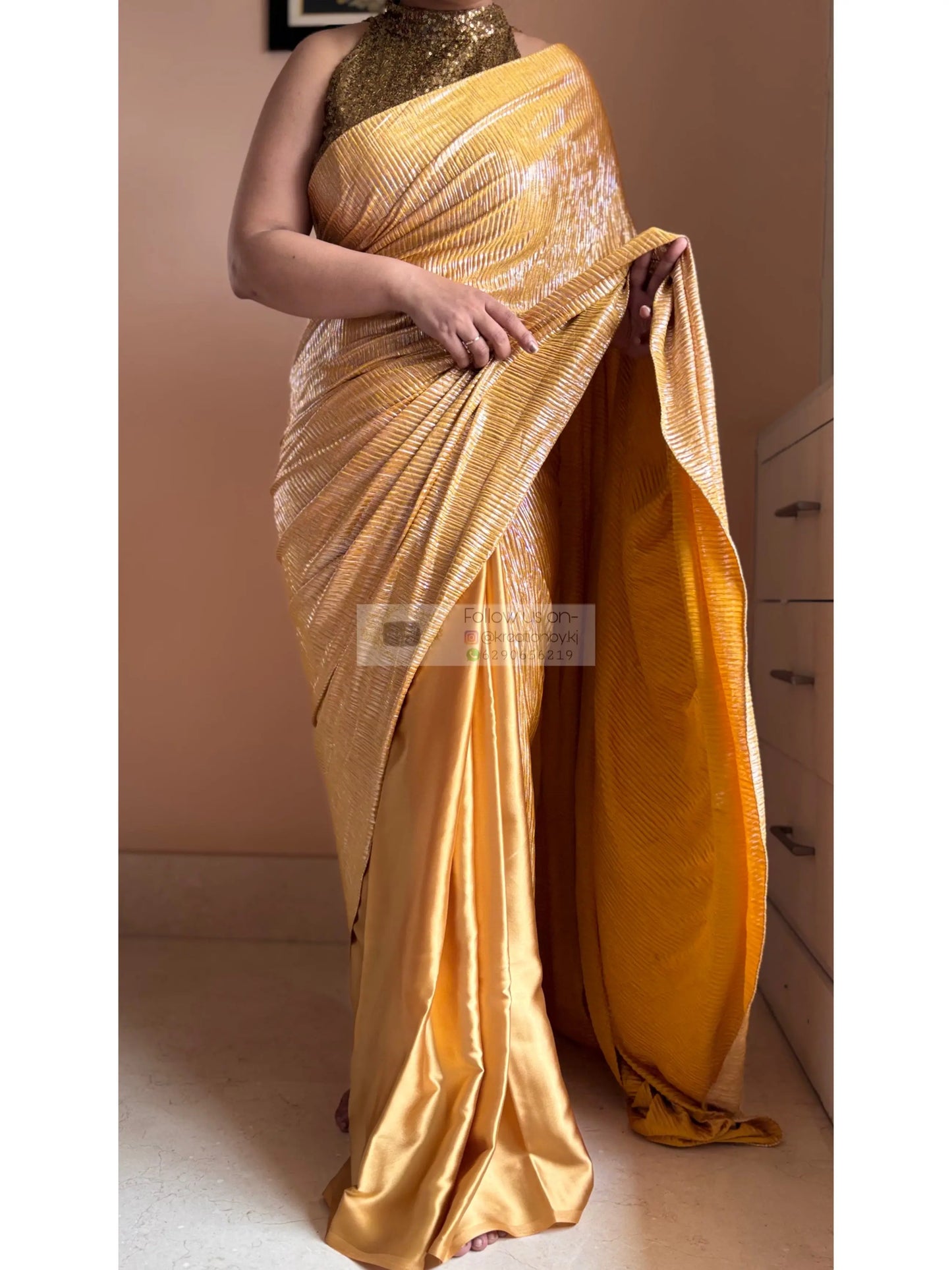 Yellow Satin Pleated Cocktail Saree