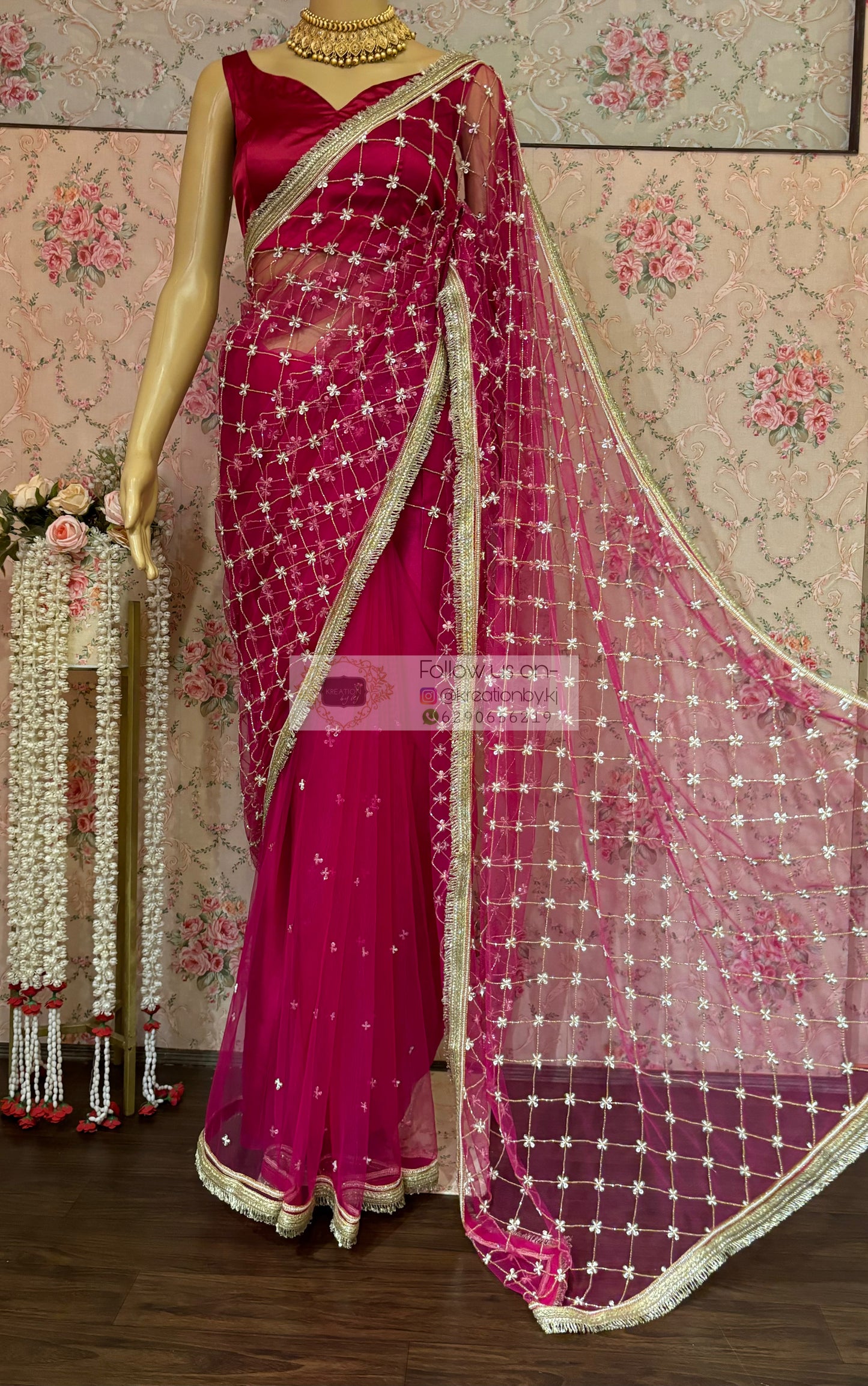 Hot Pink Cutdana Jaal Net Saree