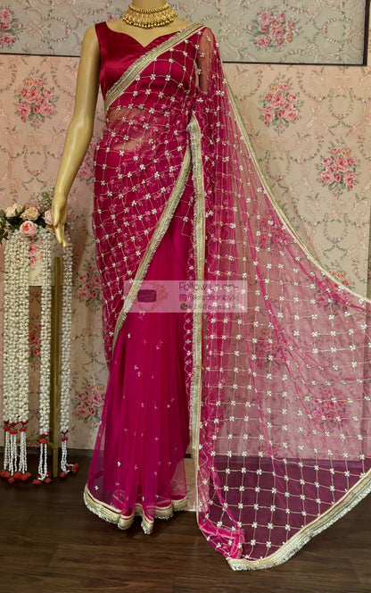 Hot Pink Cutdana Jaal Net Saree