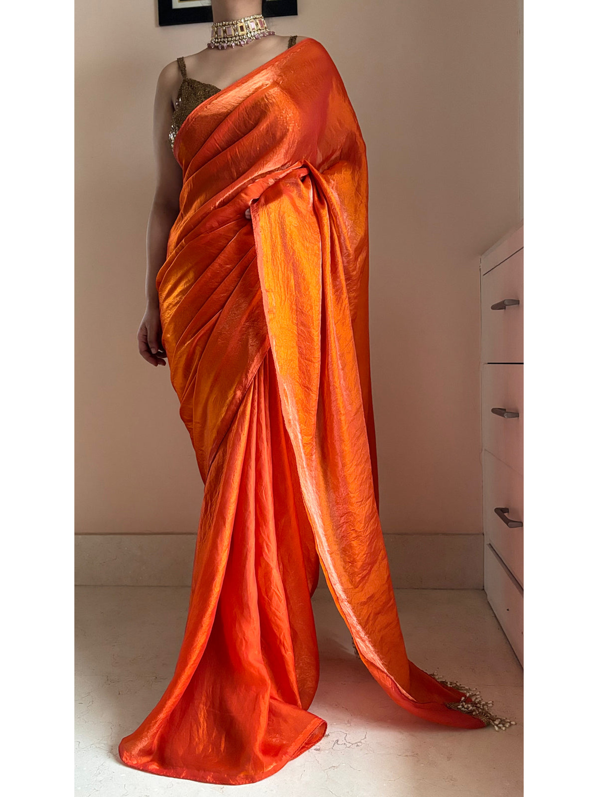 Fanta Orange Metallic Satin Saree