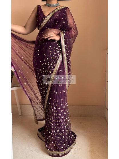 Wine Embellished Net Saree Kreation by KJ