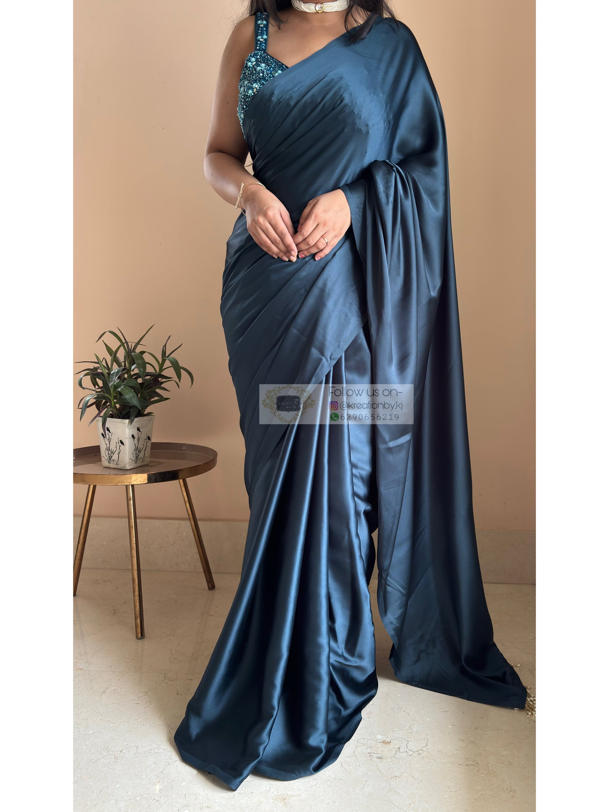 Midnight Blue Satin Silk Saree With Handmade Tassels On Pallu kreationbykj