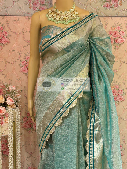 Sea Green Crushed Tissue Banarasi Saree