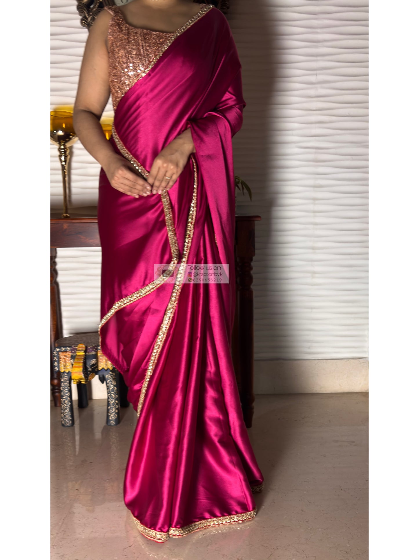 Hot Pink Satin Silk Cocktail Saree