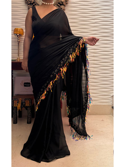 Midnight Black Fringe Dazzle Saree