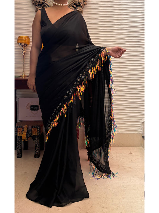 Midnight Black Fringe Dazzle Saree