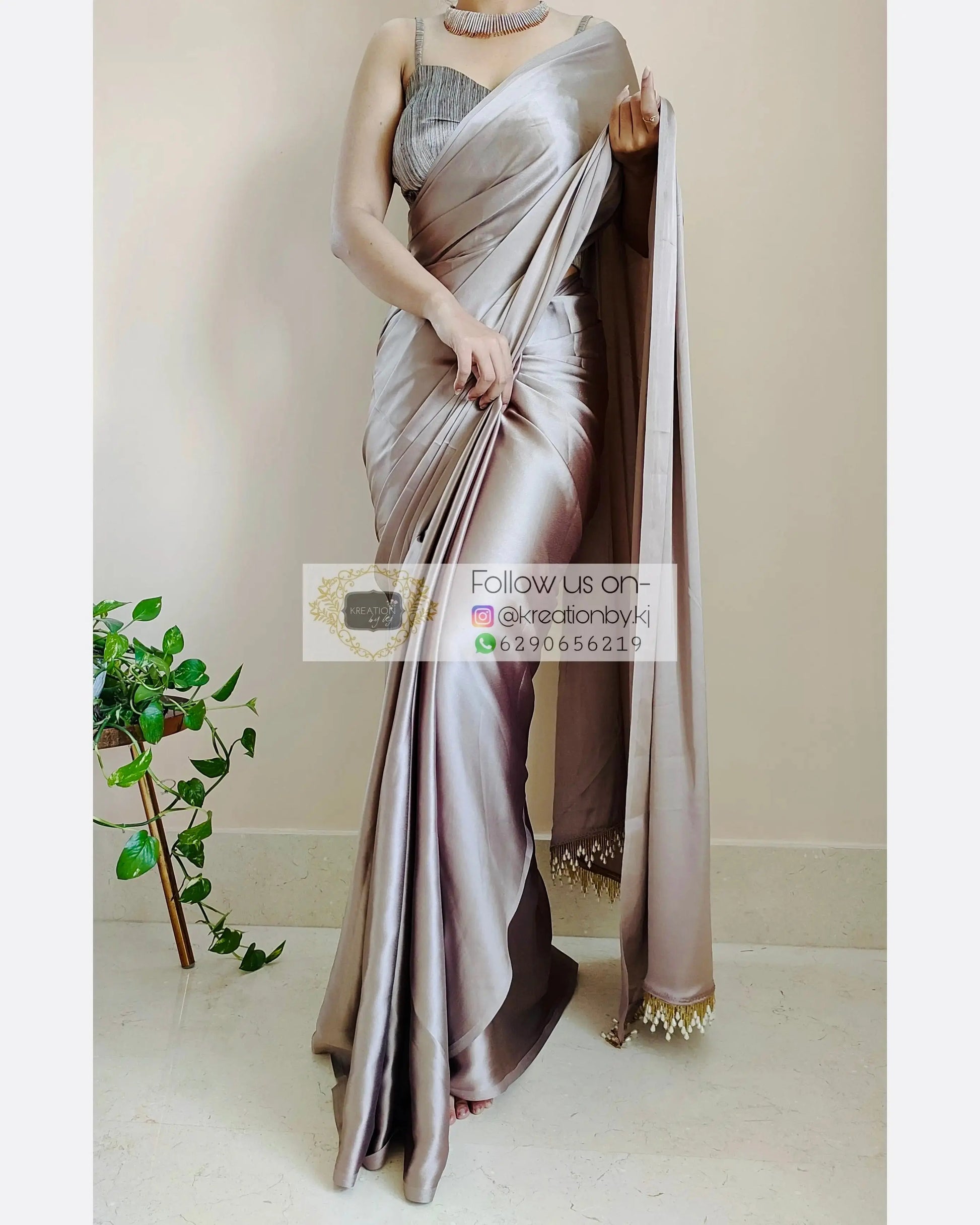 Mink Satin Silk Saree With Handmade Tassels On Pallu kreationbykj.in