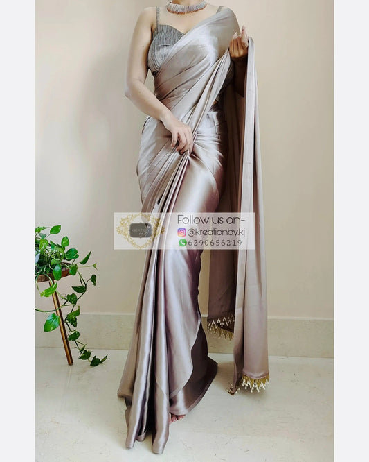 Mink Satin Silk Saree With Handmade Tassels On Pallu kreationbykj.in