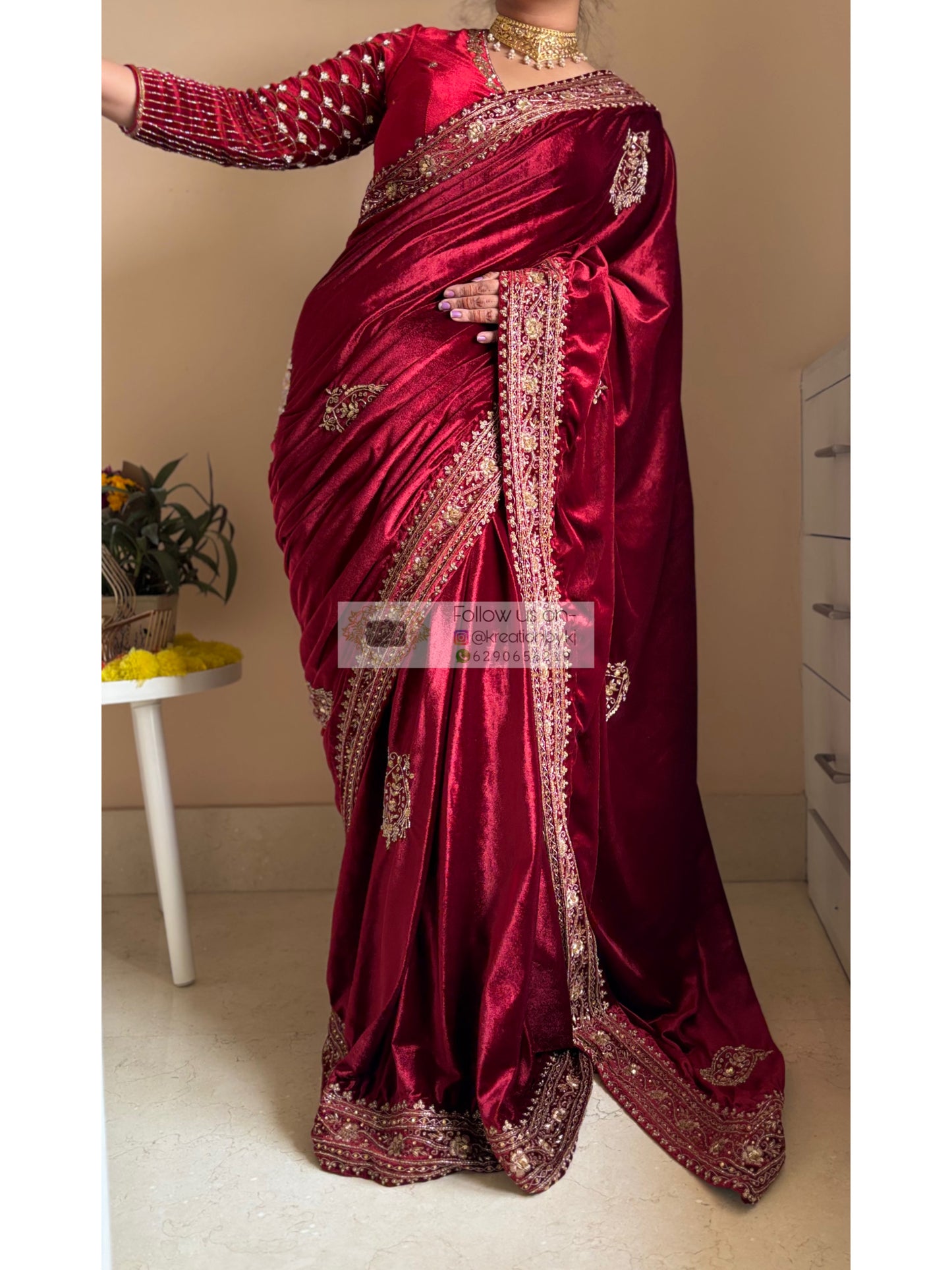 Naaz Burgundy Velvet Saree