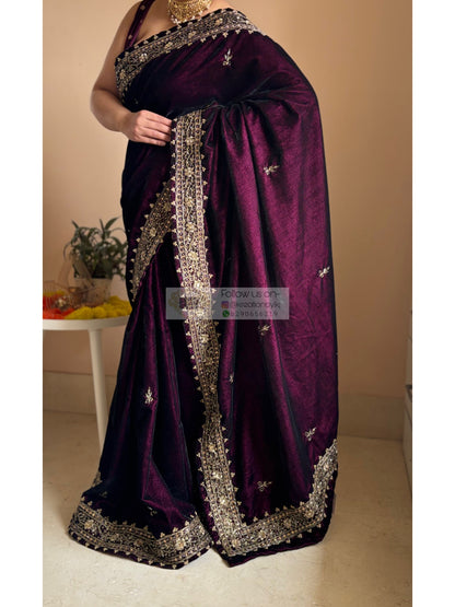 Dark Wine Velvet Zarina Saree Kreation by KJ