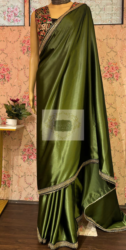 Olive Green Satin Silk Saree with Black Border