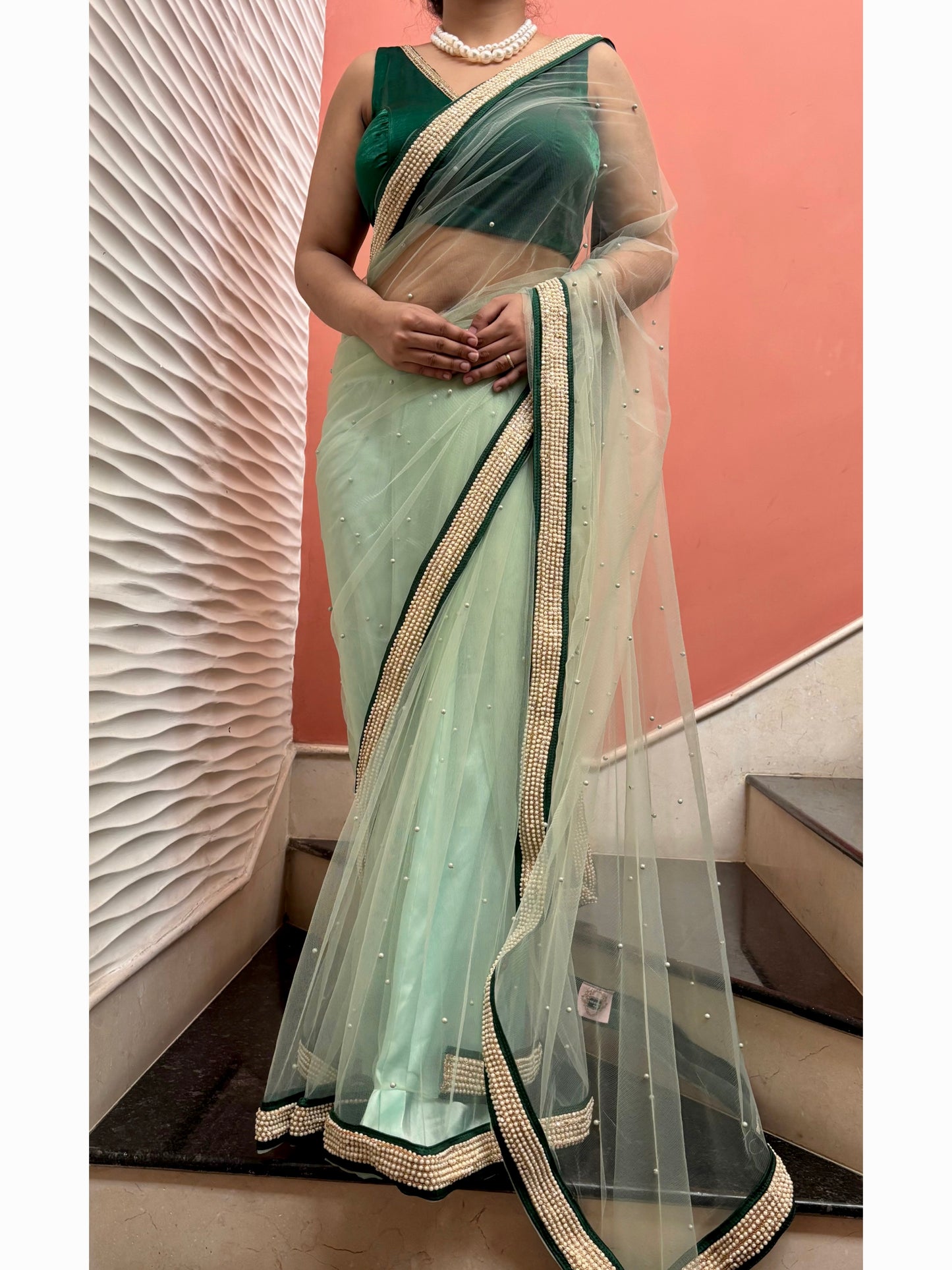 Pistachio Pearl Designer Net Saree With Pearl Border