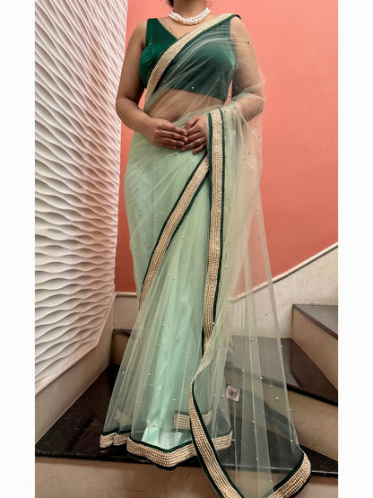 Pistachio Pearl Designer Net Saree With Pearl Border