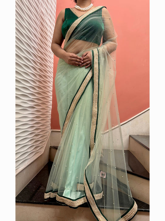 Pistachio Pearl Designer Net Saree With Pearl Border