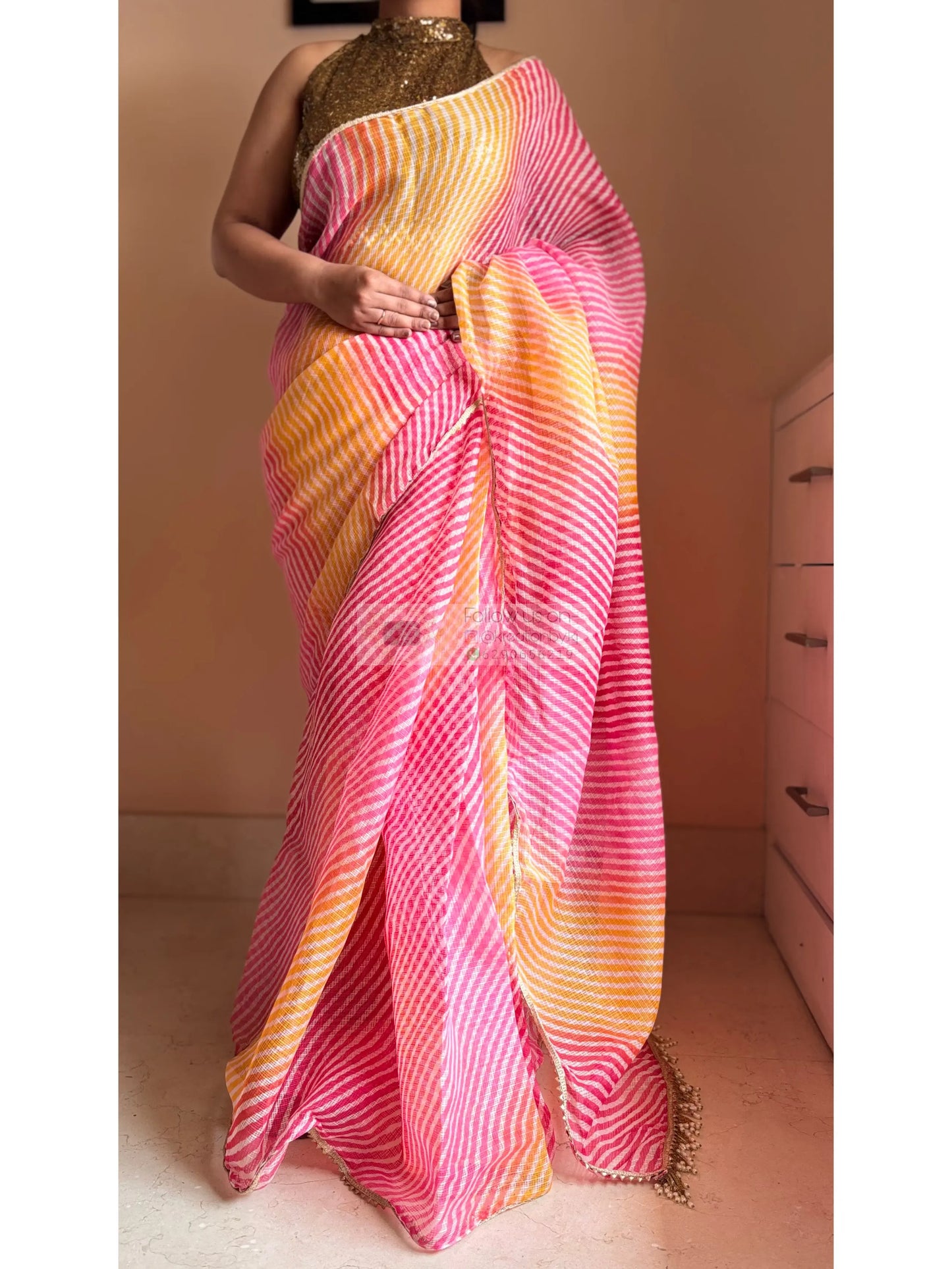 Pink Yellow Leheriya Ombre Saree
