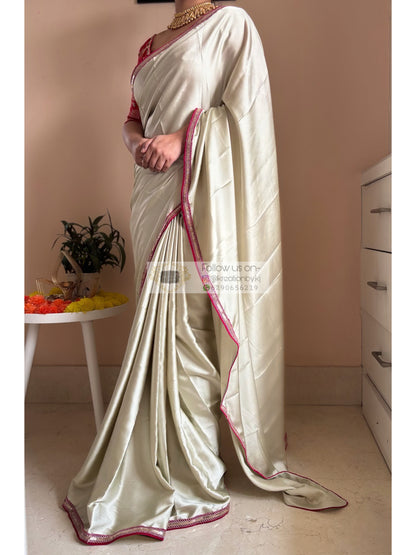 Cream with Green Hues Satin Silk Saree