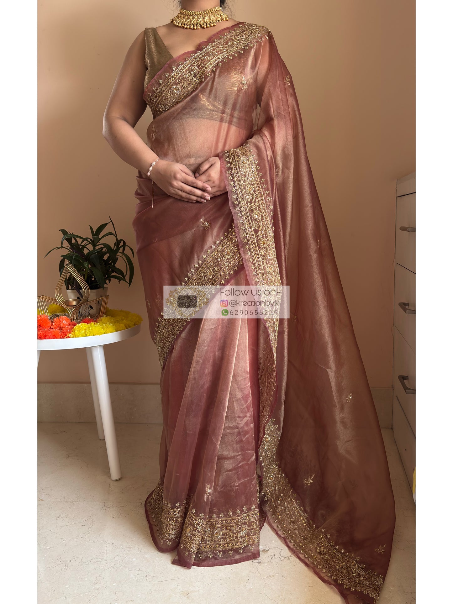 Sandalwood gold zarina Saree for Genz