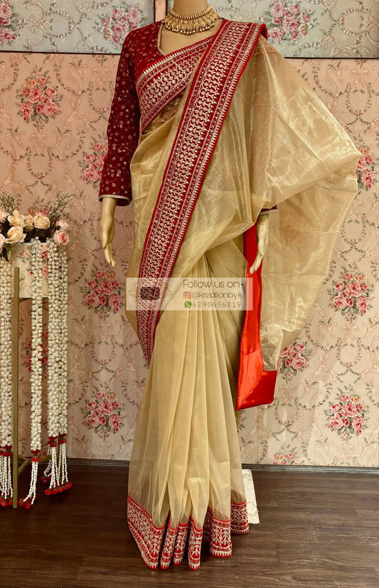 Beige Tissue Net Bridal Saree with Red Border-Agomoni kreationbykj