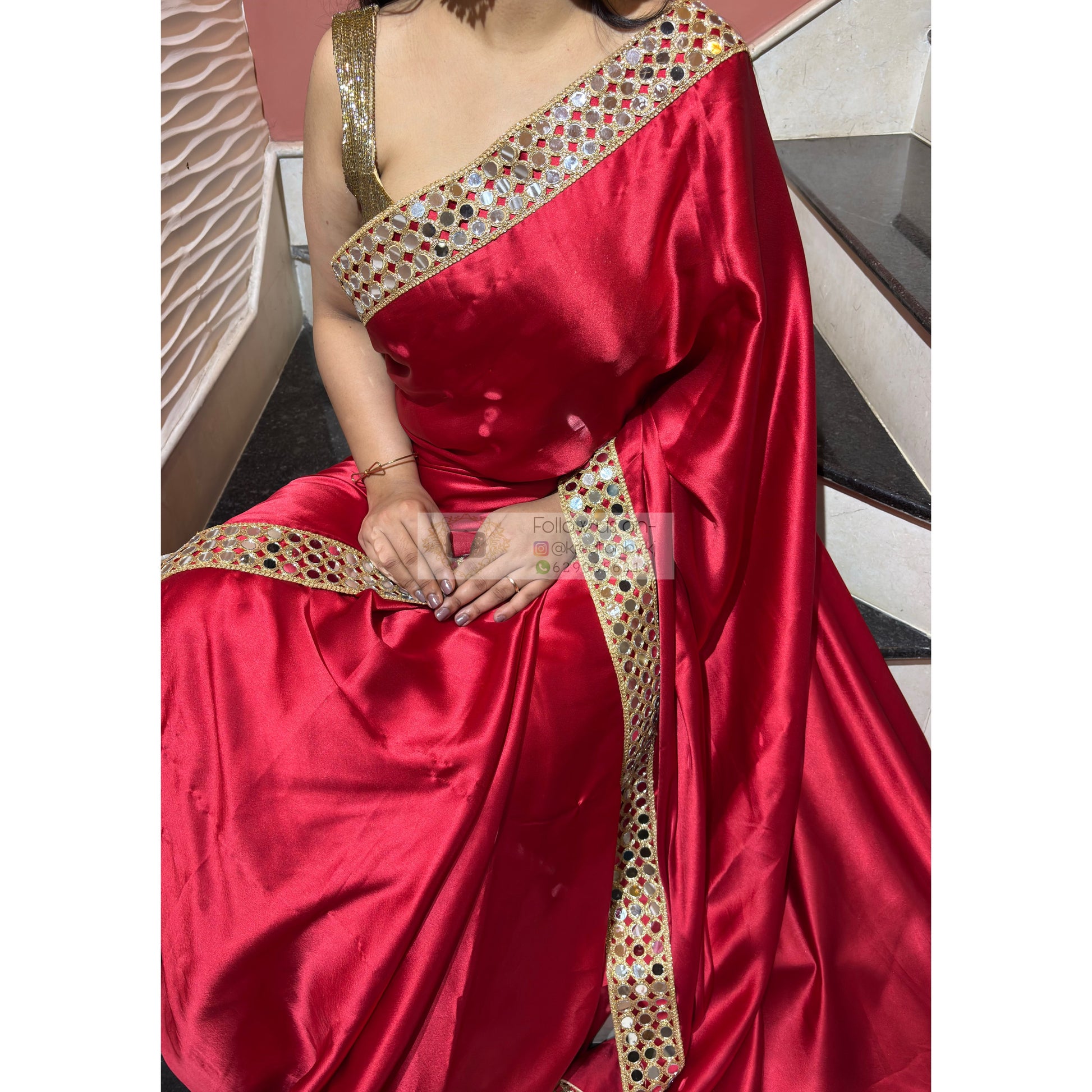 Crimson Red  Satin Silk Saree with Mirror Border kreationbykj