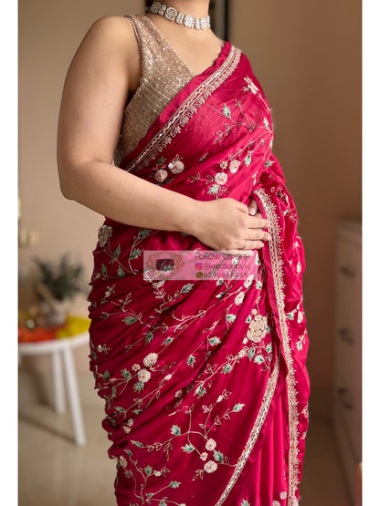 Luxe Cherry Wine Zardosi Jaal Saree