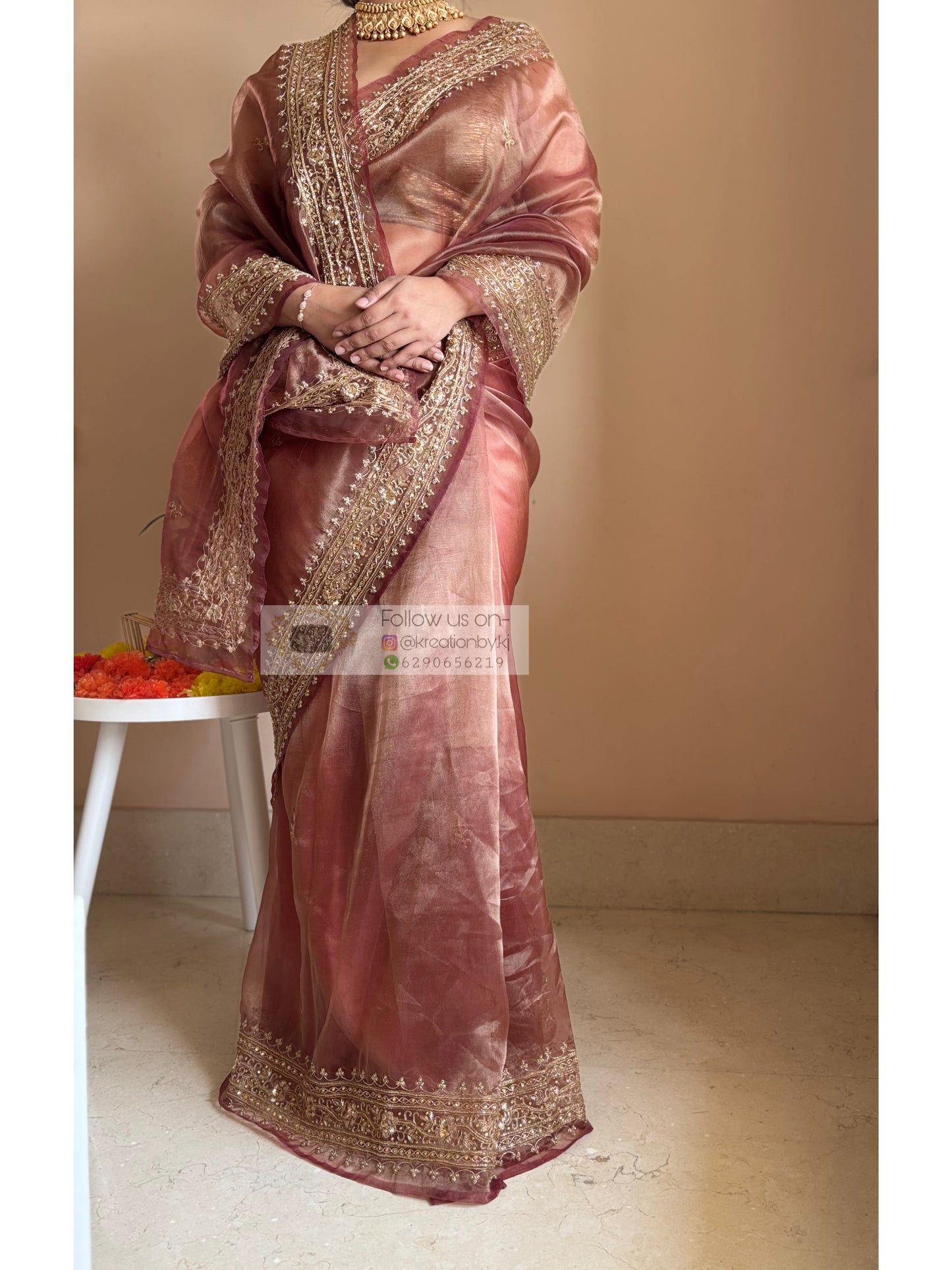 Sandalwood gold zarina Saree for Genz