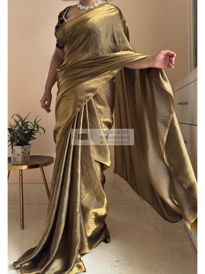 Molten Golden Shimmer Satin Saree With Handmade Tassels on Pallu kreationbykj