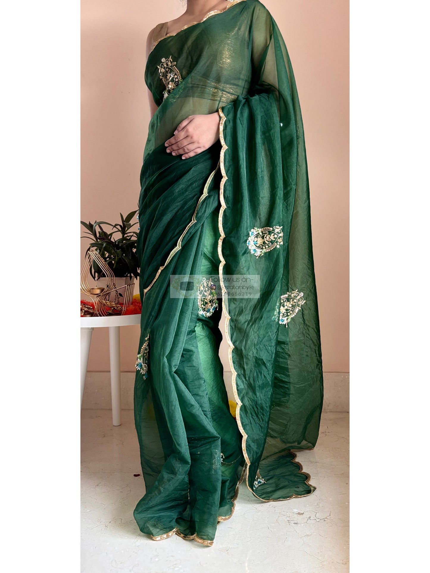 Scent of Yesterday Bottle Green Organza Saree Kreation by KJ