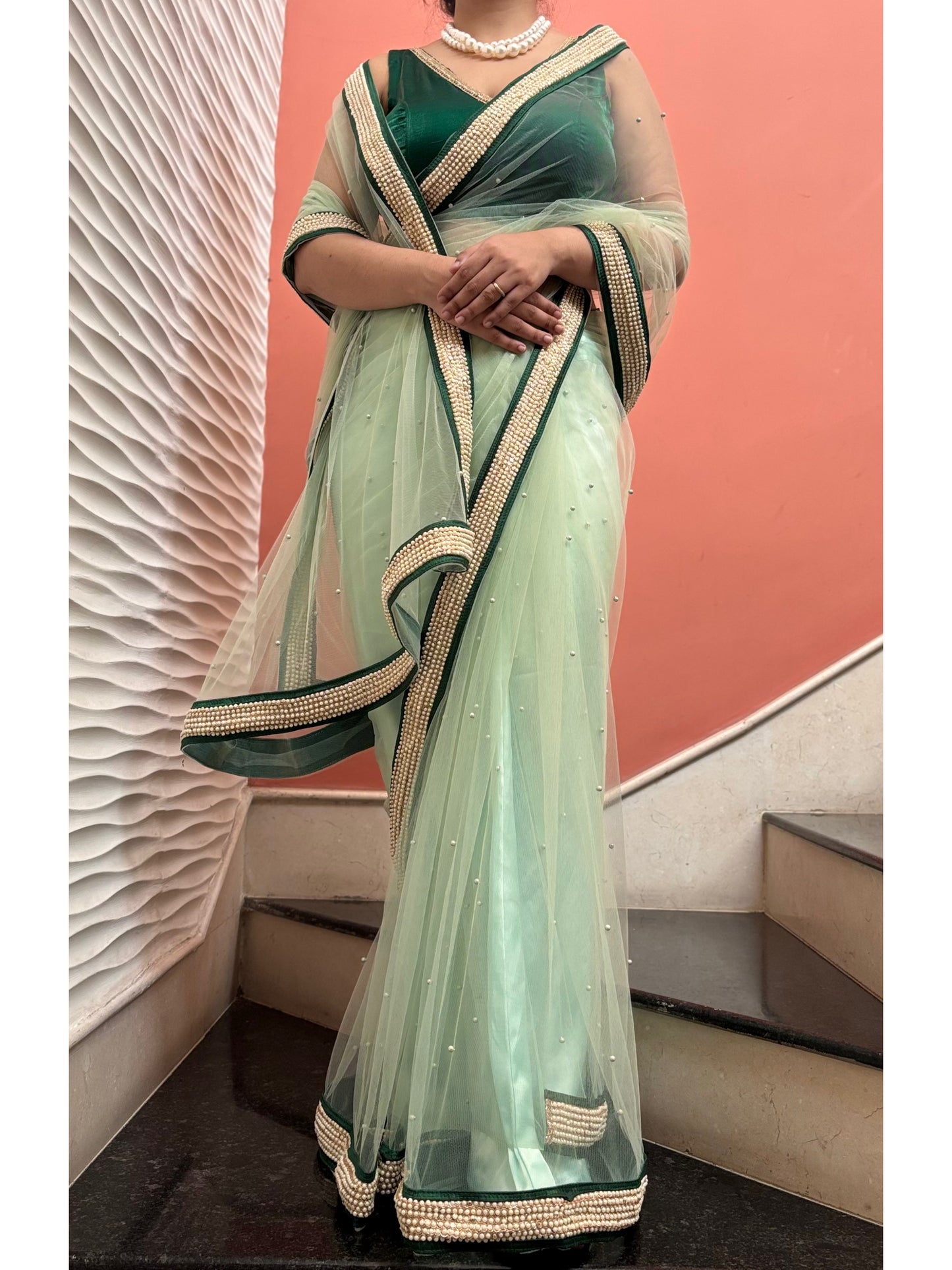 Pistachio Pearl Designer Net Saree With Pearl Border
