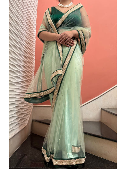 Pistachio Pearl Designer Net Saree With Pearl Border