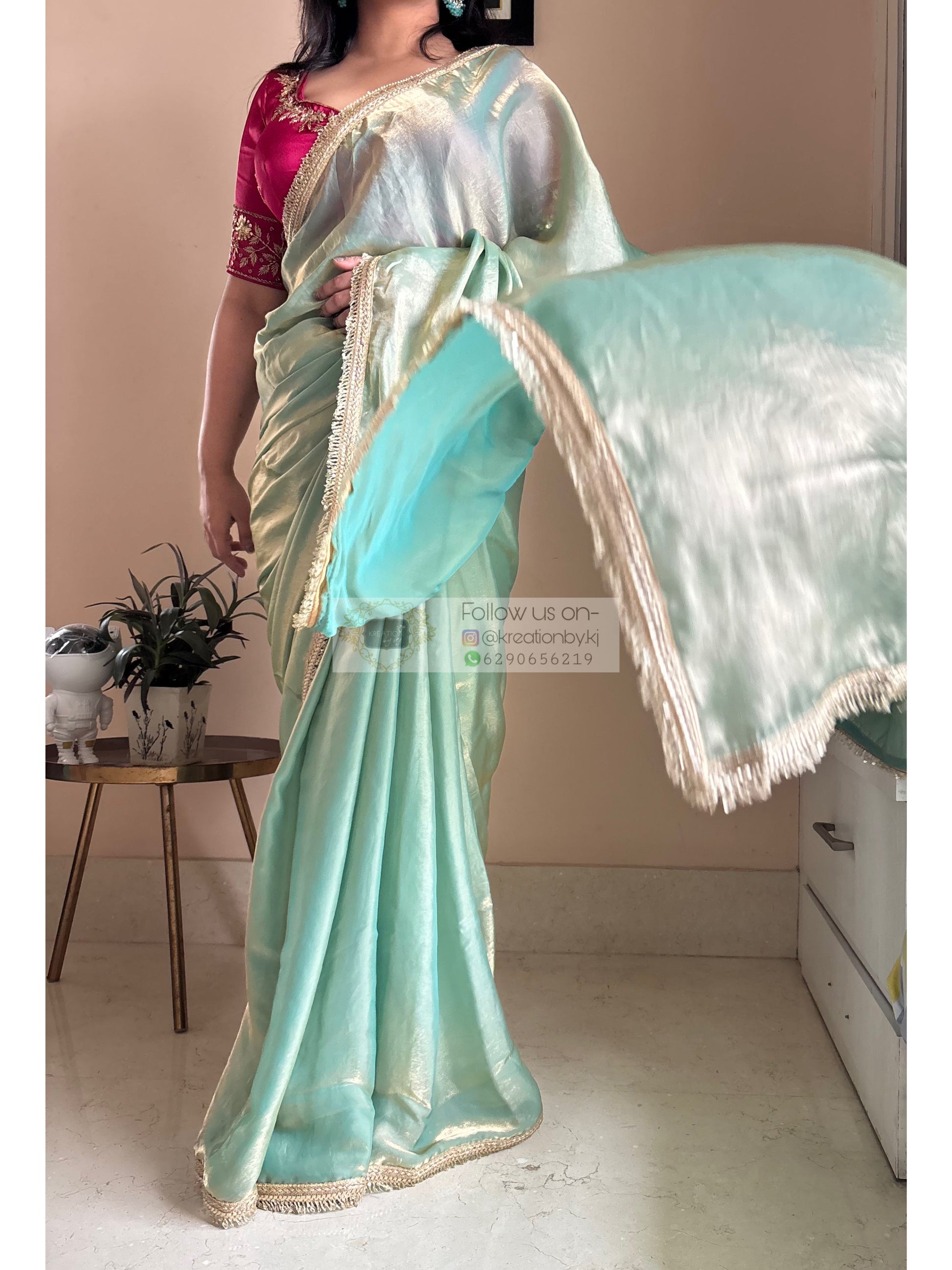 Pastel Green Metallic Shimmer Banno Saree kreationbykj