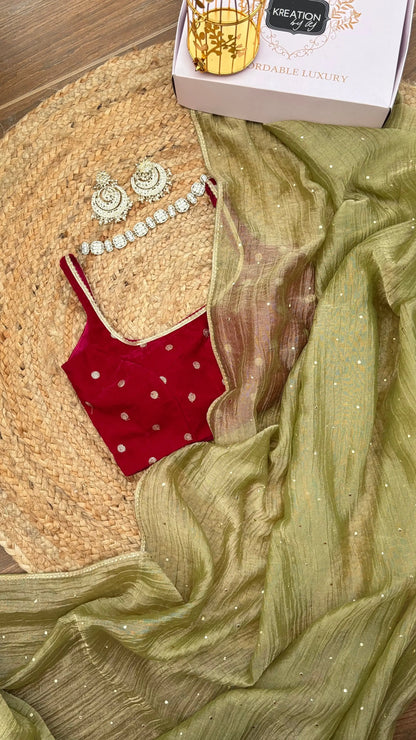 Mint Green Crushed Tissue Saree with Mukaish Work Kreation by KJ