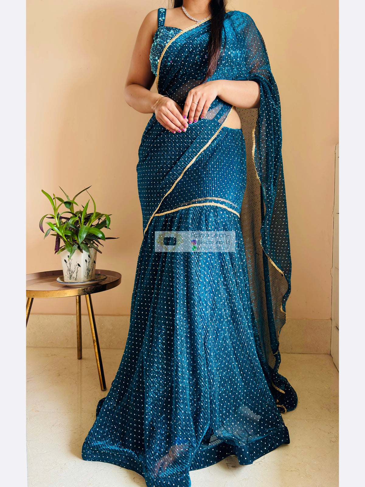 Blue Pleated Net Drape Lehenga Saree
