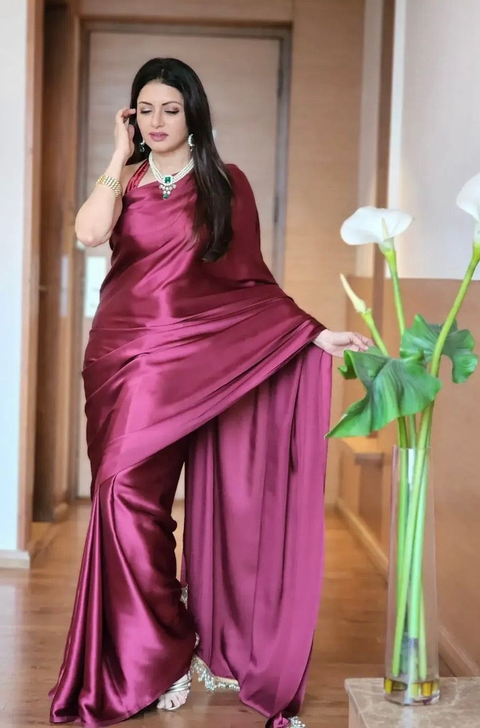 Cherry wine satin silk saree with handmade tassels on pallu