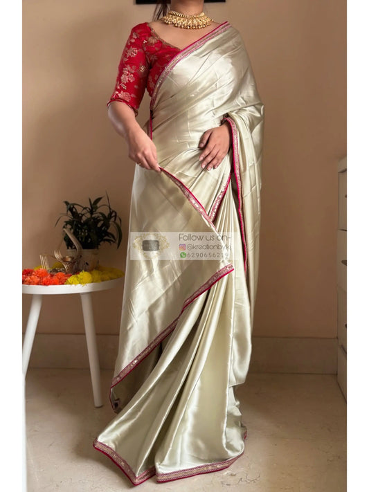 Cream with Green Hues Satin Silk Saree Kreation by KJ