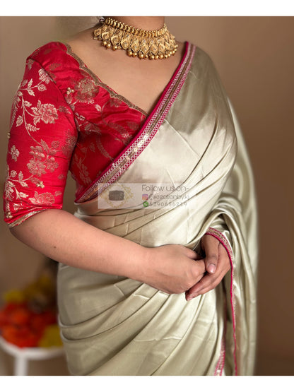 Cream with Green Hues Satin Silk Saree