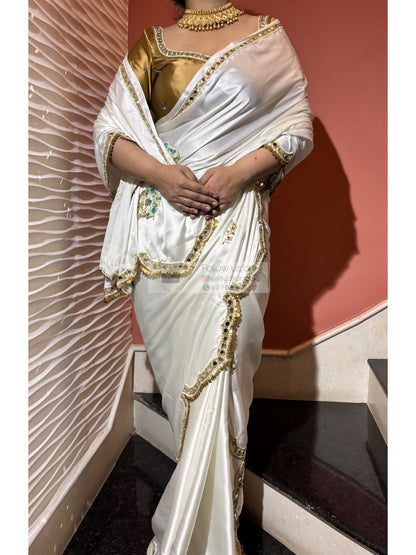 Snow Creme Satin Silk Saree With Real Mirror Work Kreation by KJ