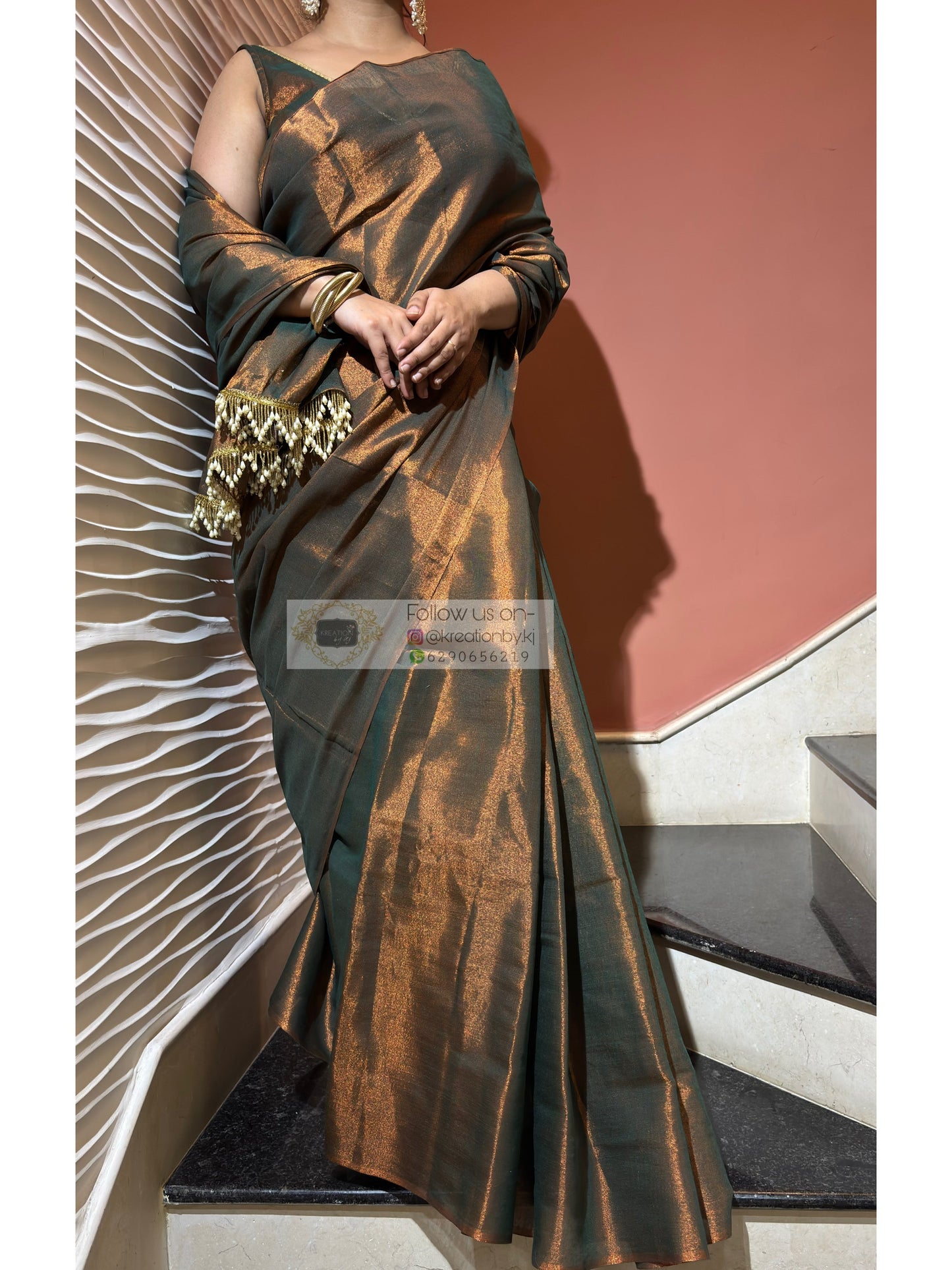 Copper Bronze Cotton Tissue Saree With Tassels in Pallu kreationbykj